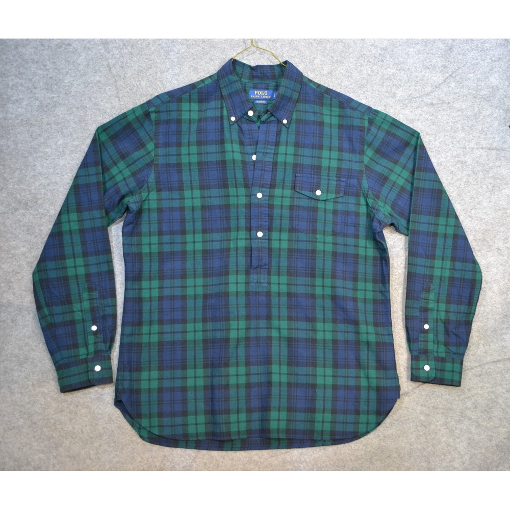 Polo Ralph Lauren Shirt Mens L Green Classic Fit Oxford Plaid Flannel Popover